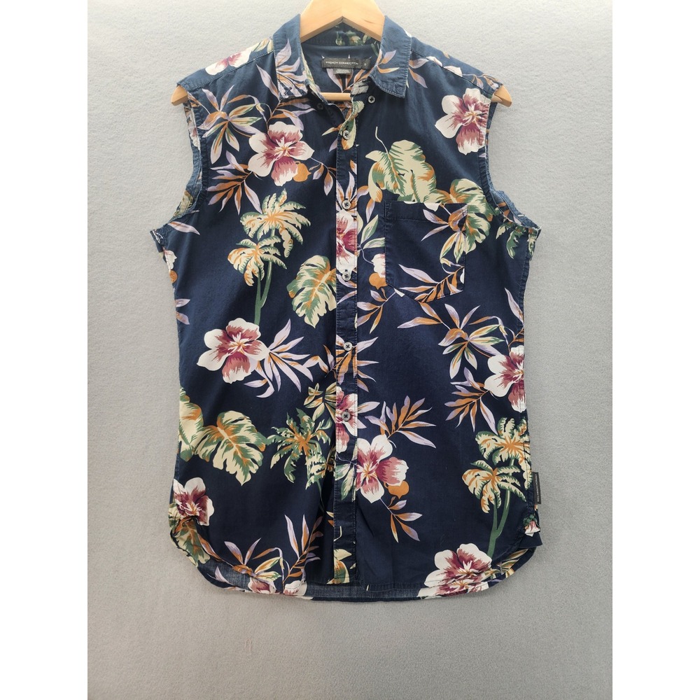 French Connection Womens Small Sleeveless Tropical Floral Button Down Shirt Navy